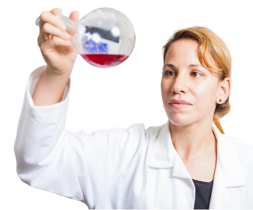 Une photo d'Anne-Laure Morel en train d'étudier un liquide dans une flasque